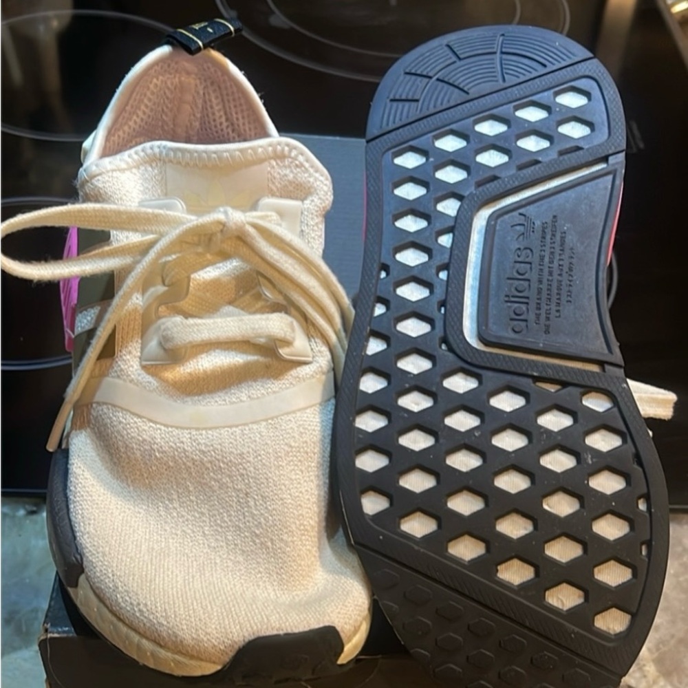 Adidas Cream and Black Athletic Shoes with Pink Highlights